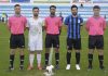 Trío arbitral y capitanes, en el encuentro Orotava vs Arguijón (La Preferente, año 2019, jornada 25)
