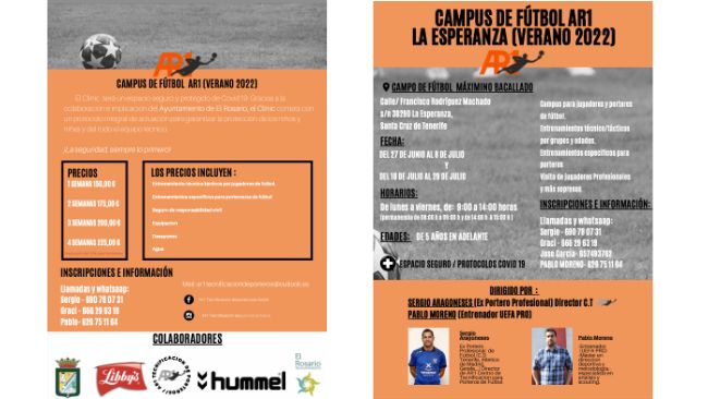 Tríptico con la información del Campus de Fútbol AR1 La Esperanza (Verano 2022)