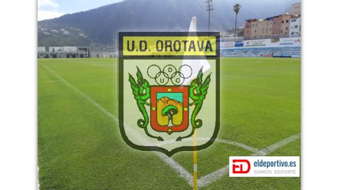 Imagen del campo de futbol y escudo de la UD Orotava.